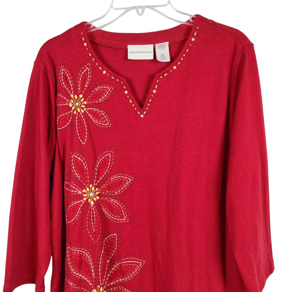 NWT Alfred Dunner Womens L Urban Legend Top Red Floral Embroidered Cottagecore